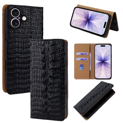 For iPhone 17 Case Crocodile Pattern Genuine Cow Leather RFID Blocking Wallet Stand Phone Cover - Black
