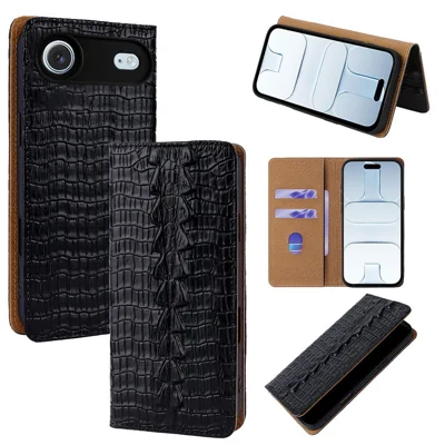 For iPhone Air Case Crocodile Pattern Genuine Cow Leather RFID Blocking Wallet Stand Phone Cover - Black