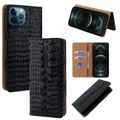 For iPhone 12 Pro Max Case Crocodile Pattern Genuine Cow Leather RFID Blocking Wallet Stand Phone Cover - Black