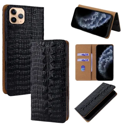 For iPhone 11 Pro Max Case Crocodile Pattern Genuine Cow Leather RFID Blocking Wallet Stand Phone Cover - Black