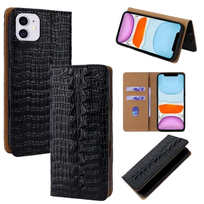 For iPhone 11 Case Crocodile Pattern Genuine Cow Leather RFID Blocking Wallet Stand Phone Cover - Black