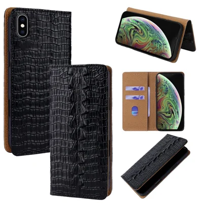 Coque pour iPhone XS Max avec motif crocodile en cuir de vache véritable, portefeuille avec blocage RFID et support - Noir