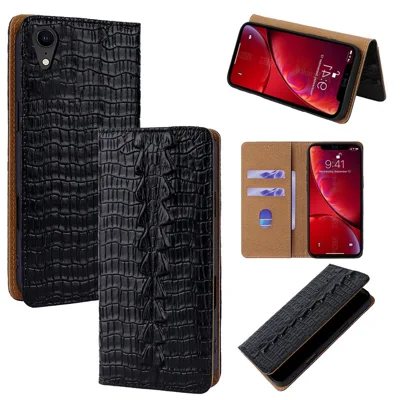 For iPhone XR Case Crocodile Pattern Genuine Cow Leather RFID Blocking Wallet Stand Phone Cover - Black