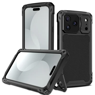 For iPhone 18 Pro Magnetic Case Aluminum Alloy + Silicone Lens Kickstand Phone Cover with Tempered Glass Film - Black