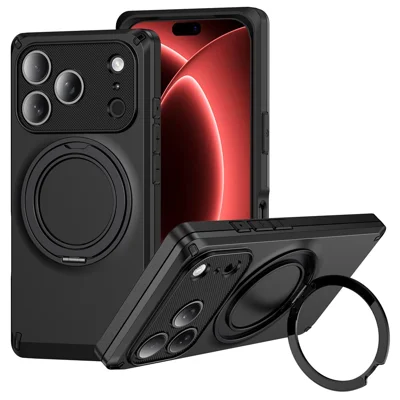 Für iPhone 17 Pro Max Magnetische Hülle mit Drehbarem Ständer, Eckenstoßfest, Mattes PC + TPU Telefonetui - Schwarz