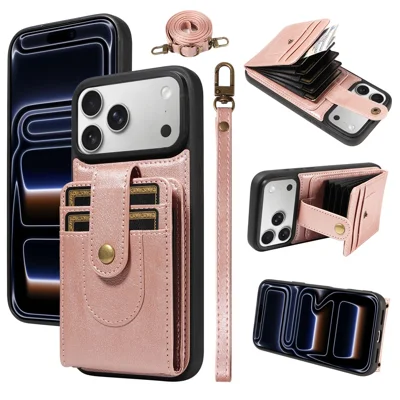Til iPhone 18 Pro Max  /  17 Pro Max Case 7-fags RFID-blokerende kortbænke TPU + PU-læder telefon sort cover med stropper - Rosenød