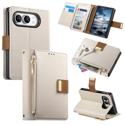 For iPhone Duo Case Wallet Zipper Pocket Stand Folio Leather Phone Cover - Beige