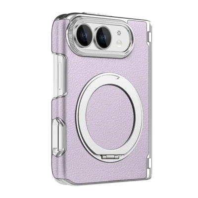 For iPhone Duo Case Magnetic Kickstand Automatic Rebound Hinge Litchi Texture Leather Phone Cover - Purple