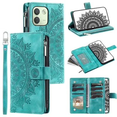 For Xiaomi Redmi Note 17 Pro Max 5G  /  17 Pro 5G Wallet Case Mandala Flower Pattern PU Leather Phone Cover with Wrist Strap - Mint Green