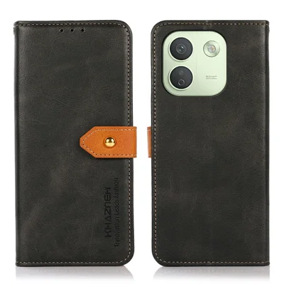 KHAZNEH For Xiaomi Redmi Note 17 Pro Max 5G Wallet Case Gold Magnetic Clasp Cowhide Texture Leather Flip Stand Phone Cover - Black