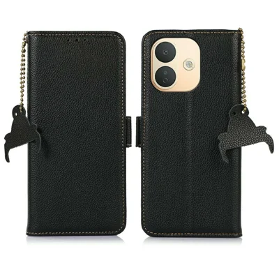 For Xiaomi Redmi Note 17 Pro 5G Case RFID Blocking Textured Genuine Cow Leather Phone Cover - Black