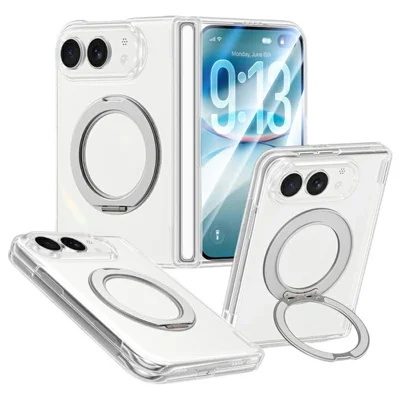 For iPhone Duo Magnetic Case Rotatable Kickstand Hard PC Phone Cover with Tempered Glass Screen Protector - Transparent