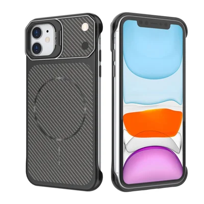 For iPhone 11 Magnetic Case with Lens Frame Kickstand Carbon Fiber Texture Hard PC Half-Wrapped Phone Cover - Black