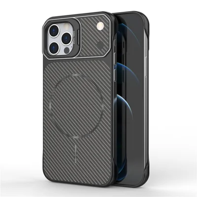 For iPhone 12  /  12 Pro Magnetic Case with Lens Frame Kickstand Carbon Fiber Texture Hard PC Half-Wrapped Phone Cover - Black