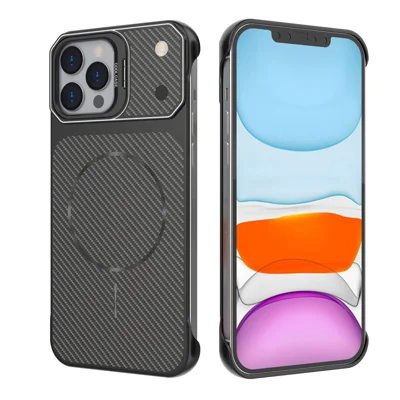 For iPhone 12 Pro Max Magnetic Case with Lens Frame Kickstand Carbon Fiber Texture Hard PC Half-Wrapped Phone Cover - Black