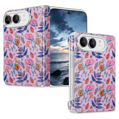 For iPhone Duo Magnetic Case Floral Pattern Leather Dual-Axis Hinge Shockproof Phone Cover - Purple