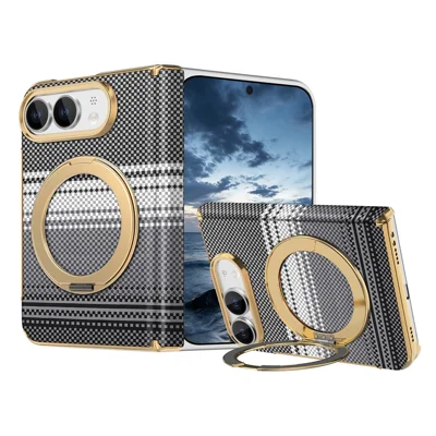 For iPhone Duo Magnetic Case Ring Kickstand Hinge Design Electroplated Leather + PC Phone Cover - Black