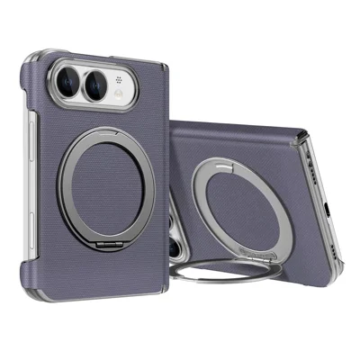 For iPhone Duo Case Fine Grid Texture Leather Magnetic Ring Kickstand Foldable Phone Cover - Purple