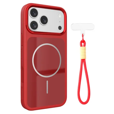 For iPhone 18 Pro Max  /  17 Pro Max Magnetic Case Large Metal Lens Frame PC + TPU Phone Cover with Wrist Strap - Red