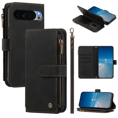 För Google Pixel 11 Pro XL Läderfodral med 9 Kortfack, Platstjäningsfodral med Magnet och Armbandshängsel - Svart