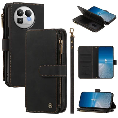  For Realme GT 8 Pro 5G Leather Case 9 Card Slots Zipper Wallet Stand Phone Cover with Wrist Strap - Black