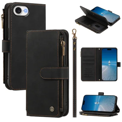  Voor iPhone 16e / iPhone 17e Leren Hoesje met 9 Kaartslots, Zipper Portemonnee Stand Hoes met Polsbandje - Zwart
