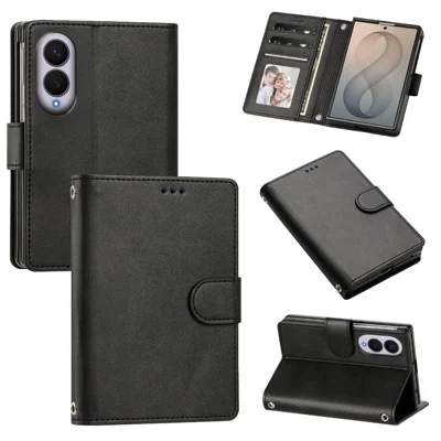  For Samsung Galaxy Z Fold8 Wallet Case RFID Blocking Calf Texture Leather Stand Phone Cover with Strap - Black