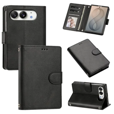  For iPhone Duo Wallet Case RFID Blocking Calf Texture Leather Stand Phone Cover with Strap - Black