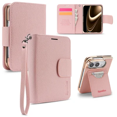  For iPhone Duo HGUANCASE Case Wallet Stand Detachable Vintage Leather Phone Cover with Wrist Strap - Pink