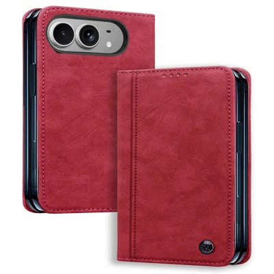For iPhone Duo Case Lines Pattern Wallet Leather Phone Cover with Strap - Red