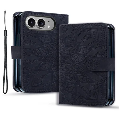 For iPhone Duo Wallet Case Calf Texture Imprinted Flower Pattern PU Leather + TPU Foldable Stand Phone Cover with Wrist Strap - Black