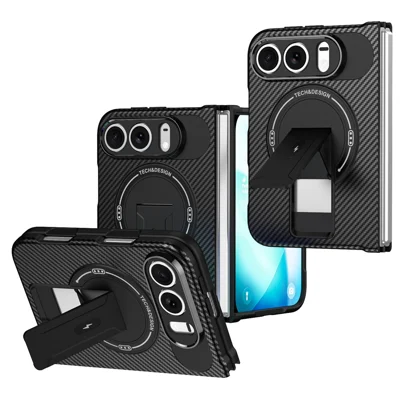 Etui na iPhone Duo Case z fakturą węglową PC + TPU z uchwytem - Czarny