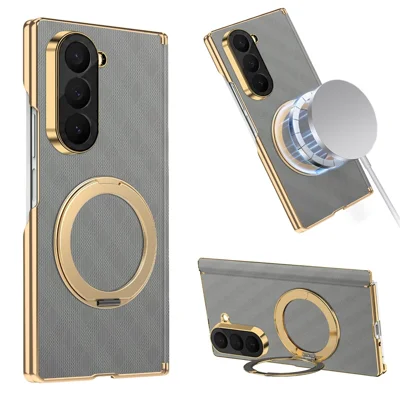 For Samsung Galaxy Z Fold6 5G Case Magnetic Kickstand Leather + PC Dual-Axis Hinge Protection Phone Cover - Grey