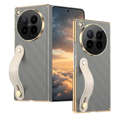 For Oppo Find N6 5G Case with Wristband PU Leather + PC Dual-Axis Hinge Protection Phone Cover - Grey