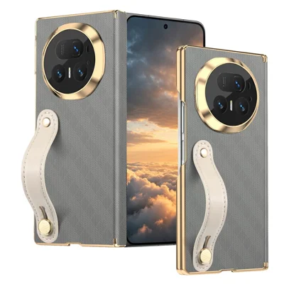 Funda para Honor Magic V5 5G con correa de muñeca, carcasa de cuero PU + PC con protección de bisagra de doble eje - Gris
