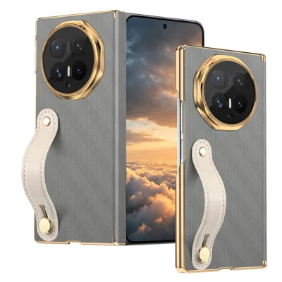 Funda para Honor Magic V6 5G con correa de muñeca, carcasa de cuero PU + PC con protección de bisagra de doble eje - Gris