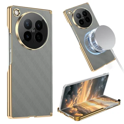 For Oppo Find N6 5G Magnetic Case Dual-Axis Hinge Protection Grid Pattern Leather + PC Phone Back Cover - Grey