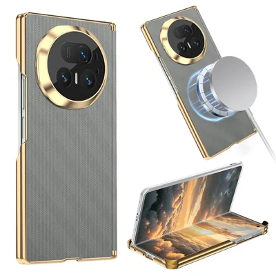 Funda magnética para Honor Magic V5 5G con protección de bisagra de doble eje y funda trasera de cuero + PC con patrón de rejilla - Gris