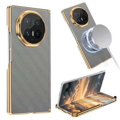 Funda magnética para Honor Magic V6 5G con protección de bisagra de doble eje y tapa trasera de cuero con patrón de rejilla + PC - Gris