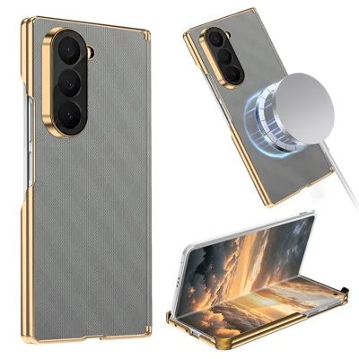 For Samsung Galaxy Z Fold6 5G Magnetic Case Dual-Axis Hinge Protection Grid Pattern Leather + PC Phone Back Cover - Grey
