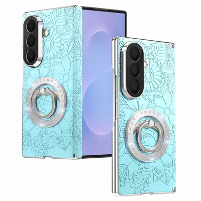 For Samsung Galaxy Z Fold8 Ultra Case Rhinestone Magnetic Kickstand Floral Pattern Leather Back Cover - Blue