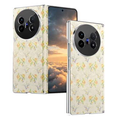 For vivo X Fold5 5G Magnetic Case Floral Pattern Leather Dual-Axis Hinge Shockproof Phone Cover - Apricot