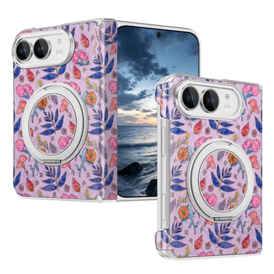 For iPhone Duo Case Rotating Kickstand Floral Pattern Leather + PC Protective Cover - Pink Purple
