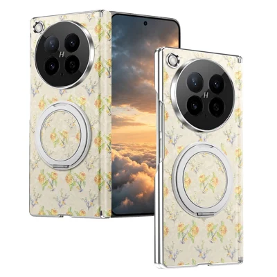 For Oppo Find N6 5G Case Rotating Kickstand Floral Pattern Leather + PC Protective Cover - Beige