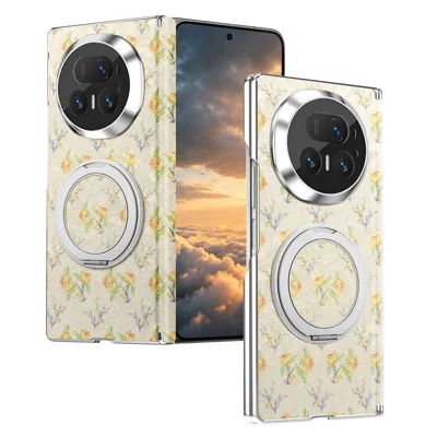 Funda para Honor Magic V5 5G con soporte giratorio, diseño floral, carcasa protectora de cuero + PC - Beige