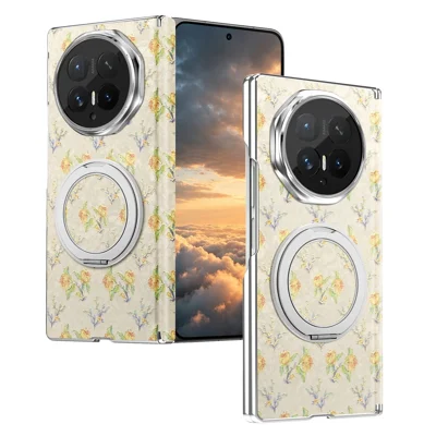Funda para Honor Magic V6 5G con soporte giratorio, diseño floral, carcasa protectora de cuero + PC - Beige