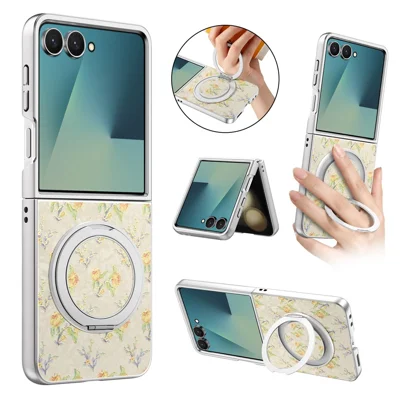 For Samsung Galaxy Z Flip8 Case Rotating Kickstand Floral Pattern Leather + PC Protective Cover - Beige