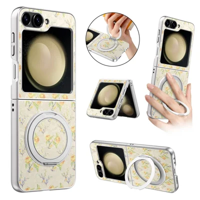 For Samsung Galaxy Z Flip7 FE 5G / Z Flip6 5G Case Rotating Kickstand Floral Pattern Leather + PC Protective Cover - Beige