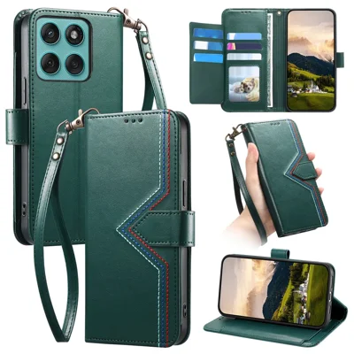 Étui pour Motorola Edge 60 Pro 5G avec portefeuille, support, finitions colorées et housse en cuir avec dragonne - Vert