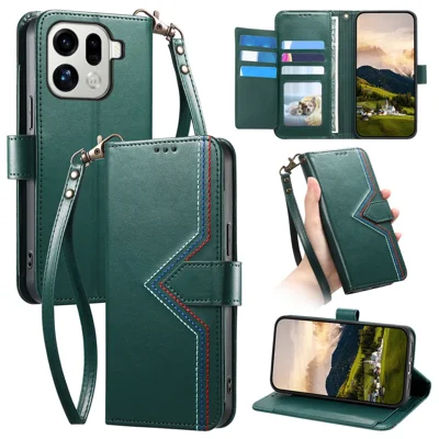 Voor Oppo Find X9 Pro 5G Hoesje Portemonnee Stand Meerkleurig Stiksel Leren Telefoonhoesje met Polsriem - Groen